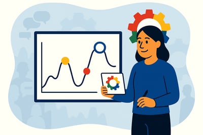 A woman stands beside a line-chart whiteboard marked with MyHardWired color points, holding a gear card as faint silhouettes and icons behind her symbolize repeating behavioral patterns throughout the year.
