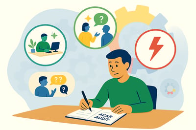 A flat, landscape-style illustration showing a person at a desk writing in a notebook labeled “Year Audit.” Above and around them are three circular “pattern windows” representing recurring behavioral signals: a green-toned scene of someone confidently working in a supportive environment, a two-person conversation bubble showing clarity versus confusion, and a red lightning bolt symbolizing repeated stress triggers. A faint MyHardWired gear appears in the background, set against soft pastel-blue abstract shapes.