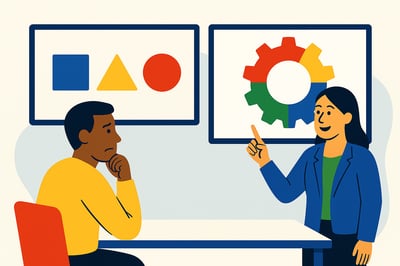 A split-scene illustration comparing a generic consulting model with a MyHardWired behavior-based model. On one side, a leader looks uncertain while viewing abstract shapes. On the other side, a consultant presents the MyHardWired four-quadrant gear in red, yellow, green, and blue, symbolizing clearer behavioral insight.