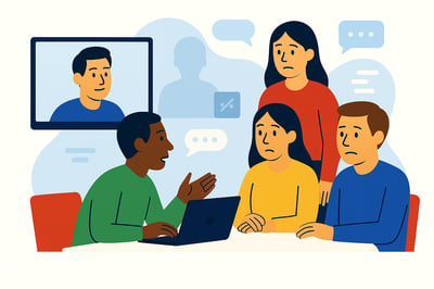 A remote team struggles to read each other’s behavior during a virtual meeting, with some members on laptops and others appearing on video screens. Facial expressions show confusion and disconnect, symbolizing how behavior becomes invisible in remote work.