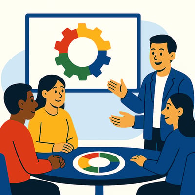 A consultant stands presenting the MyHardWired four-quadrant gear—red top-left, yellow top-right, green bottom-left, blue bottom-right—to a small group of leaders seated around a table. A circular Modes-style diagram sits on the table as the group listens in a collaborative coaching session.