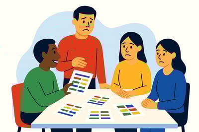 A team sits around a table reviewing colorful assessment reports, looking uncertain and disengaged, symbolizing how most assessments lose momentum after the initial session.