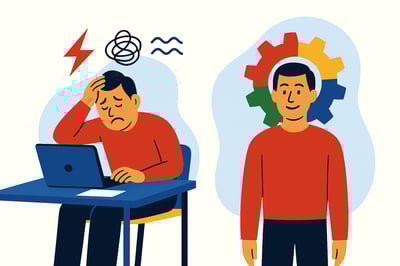 A split-scene illustration showing the same leader in two states: stressed and overwhelmed at a desk on the left, and calm and confident on the right with a four-quadrant MyHardWired gear behind him in the brand’s color order—red top-left, yellow top-right, green bottom-left, blue bottom-right.