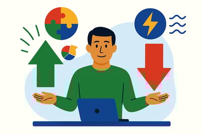 A leader sits at a desk with a laptop, holding their hands open as two large arrows float beside them— a green upward arrow on the left representing energizing tasks and a red downward arrow on the right representing draining tasks. Small icons above each arrow visually reinforce the contrast between energy gain and energy drain.