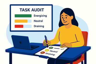 A woman sits at a desk reviewing a task audit on a clipboard, marking items as energizing, neutral, or draining. A laptop sits beside her, and a presentation board in the background shows the same color-coded categories. The scene represents evaluating work for energy alignment.