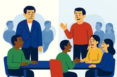 A split-scene illustration showing a leader on the left wearing an ill-fitting blazer and looking tense while interacting with the team, contrasted with the same leader on the right in a natural, comfortable outfit, engaging confidently with colleagues—depicting the shift from imitation to authentic leadership.