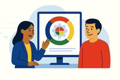 A consultant shows a leader a 3D behavioral profile on a screen, featuring a circular diagram backed by a subtle four-quadrant MyHardWired gear in the strict color order—red top-left, yellow top-right, green bottom-left, blue bottom-right—illustrated in a clean, flat style.