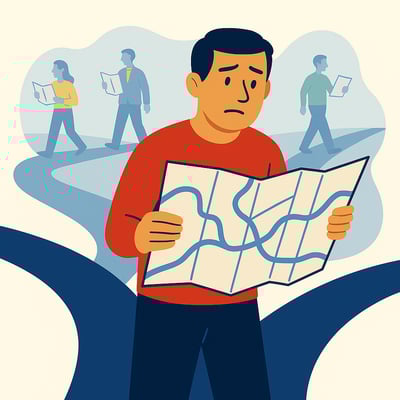 A leader stands at a crossroads holding a map, looking uncertain, while faint silhouettes of other leaders follow different paths behind him—illustrating the struggle of leading with someone else’s map.