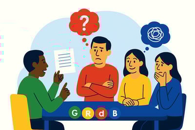 A diverse group of four team members sits around a table, each reacting differently to the same message based on their wiring, while a presentation screen behind them shows a four-color communication bubble representing Green, Red, Yellow, and Blue listening styles.