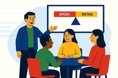 A facilitator stands beside a presentation screen showing a scale labeled “Speed” on one side and “Detail” on the other, while three team members seated around a table listen and engage, illustrating how to balance urgency and accuracy in communication.