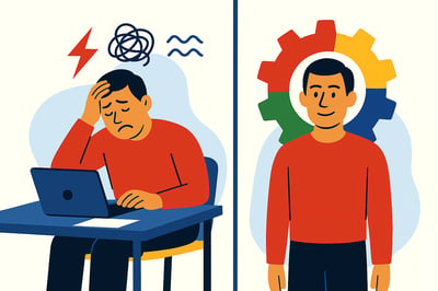 A man sitting at a desk stressed out in front of his computer and then another side a man standing in front of the MyHardWired logo.