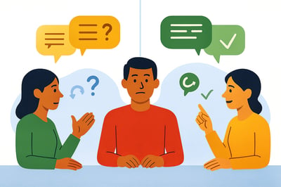 A split-scene illustration comparing vague feedback versus clear behavioral feedback. On the left, a colleague gives unclear guidance shown with question marks and abstract speech bubbles, causing confusion. On the right, a colleague provides specific, actionable feedback represented by clear icons and check marks.