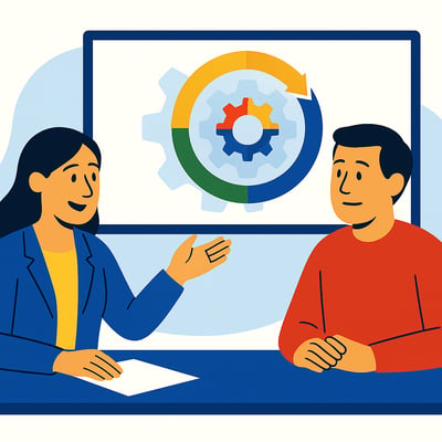 A leader and coach sit together reviewing a behavioral feedback diagram on a screen, which includes a subtle four-quadrant MyHardWired gear in red, yellow, green, and blue. They appear engaged and collaborative, symbolizing how behavior mapping strengthens feedback.