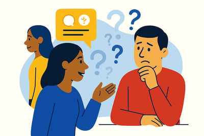 A coworker gives vague, abstract feedback to a confused-looking colleague, illustrated through question marks and unclear speech bubbles, representing how generic feedback creates uncertainty.