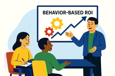 A consultant presents behavior-based ROI to a small group, with colorful gears displayed on a screen to symbolize behavioral drivers of results. The team looks engaged and collaborative.
