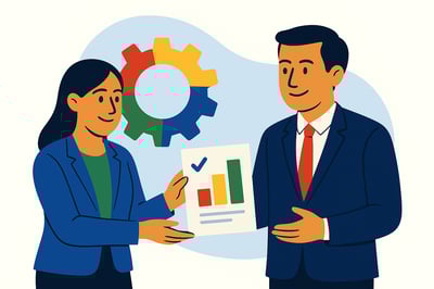 A consultant hands a simple behavioral progress report to a leader while a faint MyHardWired four-quadrant gear appears behind them, symbolizing measurable and repeatable ROI.