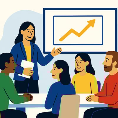 A consultant presents a simple upward-progress visual to a small team of leaders, symbolizing behavioral ROI in a clear, human-centered way.