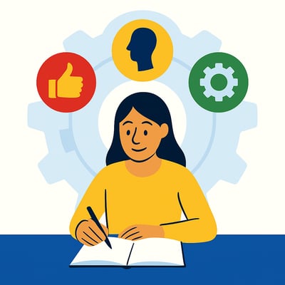 A leader sits at a desk writing in a journal, with a four-quadrant MyHardWired gear in the background showing the strict color order—red top-left, yellow top-right, green bottom-left, blue bottom-right—symbolizing reflection on Preferred and Expectations Modes.