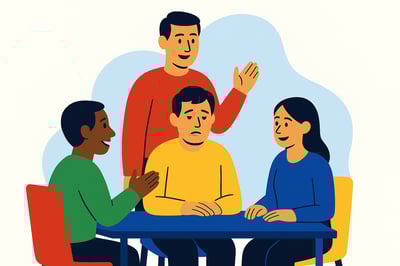 A leader sits in a meeting looking drained and disconnected while the other team members talk and engage around them, visually representing leading from obligation instead of alignment.