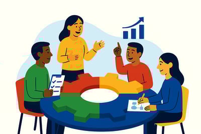 Four professionals interacting around a large official MyHardWired 4-color gear table, each engaged in a task matching their behavioral quadrant: structure, urgency, collaboration, and creativity.