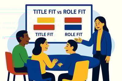 Four professionals sitting around a round table while a presenter explains the difference between Title Fit and Role Fit on a whiteboard, shown with simple flowchart boxes in the MyHardWired flat illustration style.