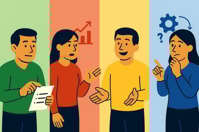 A four-panel illustration showing different communication styles: a detail-oriented communicator reviewing notes, a direct communicator speaking with urgency, an energetic communicator sharing with enthusiasm, and a reflective communicator thinking through a question, each panel tinted with a different color.