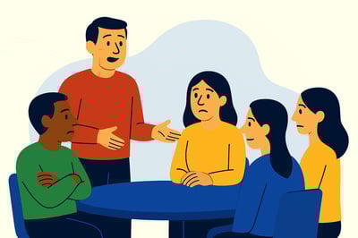 A leader speaks to a small team at a table while the team members look confused, skeptical, or unsure, illustrating how communication can fail to land despite clear delivery.