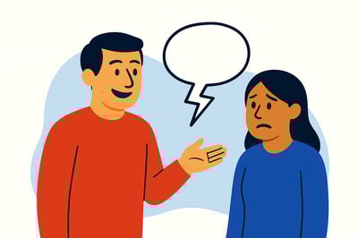 A coworker speaks with confidence while the listener looks confused, with a broken speech bubble between them to represent mismatched listening patterns.