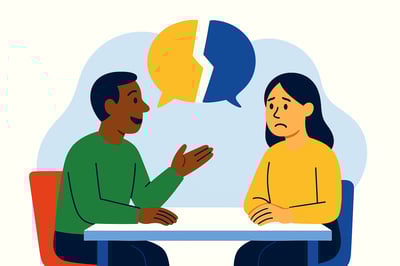 A coworker speaks casually while the other looks confused, with a broken speech bubble floating between them to symbolize a listening gap.