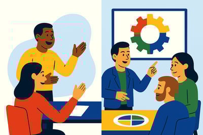 A split-scene illustration comparing two consulting styles: on the left, a consultant uses energetic but vague enthusiasm to engage a client; on the right, the same consultant presents a clear behavioral framework with a four-quadrant MyHardWired gear in red, yellow, green, and blue behind him.