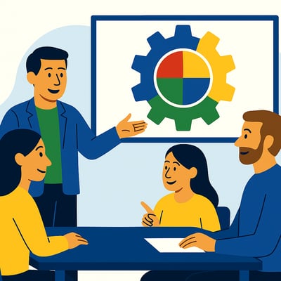 A consultant presents a clear behavioral framework to two leaders seated at a table, with a circular diagram backed by a four-quadrant MyHardWired gear in the correct color order—red top-left, yellow top-right, green bottom-left, blue bottom-right.