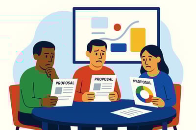 Three consultants review nearly identical proposals at a table, looking uncertain and discouraged, with a generic abstract diagram on a presentation screen behind them—illustrating the challenge of blending in and losing deals due to a lack of differentiation.