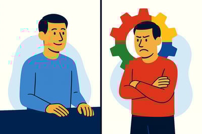 A split-scene illustration shows the same leader calm on the left and reactive on the right, with a four-color MyHardWired gear behind the stressed version in the strict order—red top-left, yellow top-right, green bottom-left, blue bottom-right—representing Instinctive Mode under pressure.