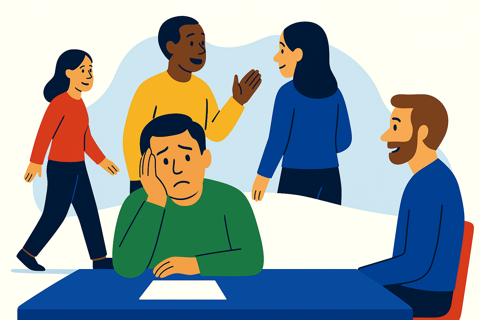A leader sits at a table looking overwhelmed and withdrawn while teammates around them talk and engage, illustrating how stress can trigger Instinctive Mode reactions that feel “not like you.”