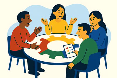 Four people sitting around a MyHardWired 4-color gear table, each showing stress behaviors tied to their instinctive pattern: urgency, connection, analysis, and structure.