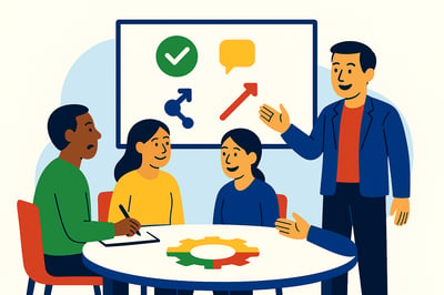 Leader facilitating a calm discussion with three team members, with simple MyHardWired-colored icons on a whiteboard showing how clarity improves stress responses.