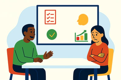 Two people in the same meeting reacting differently—one energized, one tense—illustrated in the flat MyHardWired style to show why stress feels personal.
