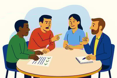 A healthcare leadership team sits around a table in a tense discussion—one focusing on documentation, one pushing for urgent action, one encouraging with optimism, and one raising analytical questions—reflecting stress-driven conflict between different behavioral styles.