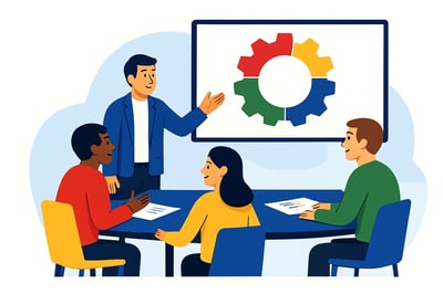 A team sits around a table discussing conflict patterns while a presenter highlights a four-quadrant MyHardWired gear on the screen in red (top left), yellow (top right), green (bottom left), and blue (bottom right), symbolizing different stress behaviors.