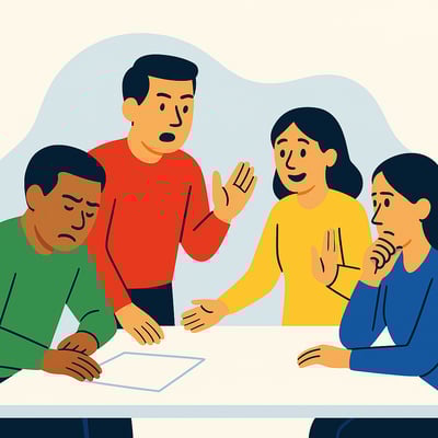 A tense meeting scene showing four coworkers reacting differently—one pushing for action, one slowing down over details, one trying to smooth tension, and one withdrawing—illustrating how conflict emerges from different behavioral wiring rather than personal issues.