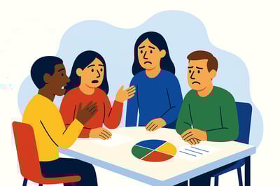 A diverse group of teammates sit around a table looking out of sync during a meeting, visually representing collaboration friction as idea-focused and structure-focused teammates struggle to align.