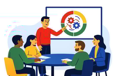 A diverse group of consultants sit around a table discussing insights while a presentation screen behind them displays a clean four-quadrant chart with red, yellow, green, and blue sections, symbolizing behavioral patterns.
