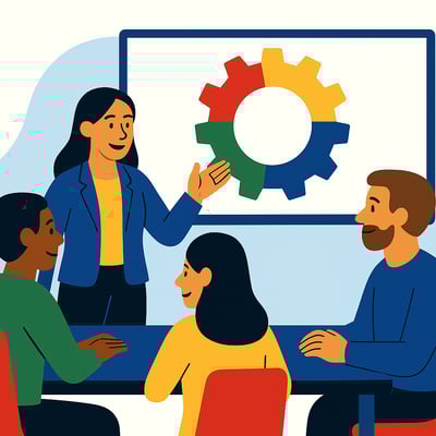 A consultant leads a collaborative discussion with three colleagues around a table while a presentation screen shows a four-quadrant MyHardWired gear in the strict color order—red top-left, yellow top-right, green bottom-left, blue bottom-right. The group appears engaged and focused on applying behavioral insights.