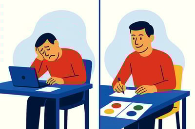 A split-scene illustration shows the same leader in two work states: on the left, drained and slumped over a laptop while working in misaligned tasks; on the right, energized and focused while writing in alignment with their Preferred Mode.