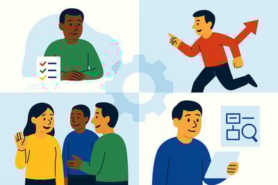 Four simple tiles illustrating pace, recognition, autonomy, and clarity mismatches that trigger imposter moments.