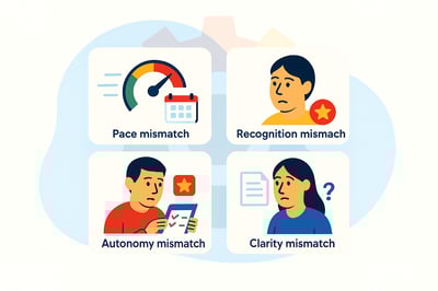 Four tiles illustrating pace, recognition, autonomy, and clarity mismatches that trigger imposter moments.