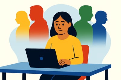 MyHardWired-style illustration of a professional at a laptop looking subtly pressured, with faint colored silhouettes behind them representing different wiring expectations and the quiet tension of imposter syndrome.