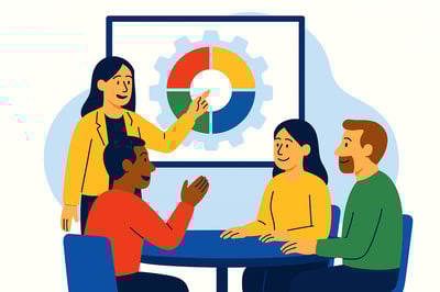 A consultant leads a small team discussion while presenting a circular decision-making diagram backed by a faint MyHardWired gear in the brand’s strict color order—red top-left, yellow top-right, green bottom-left, blue bottom-right.