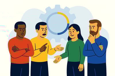 A group of four colleagues stand together, each showing a different stress response through body language—control, urgency, harmony, and analysis—while a large four-color MyHardWired gear appears behind them in the brand’s strict red, yellow, green, and blue quadrant order.