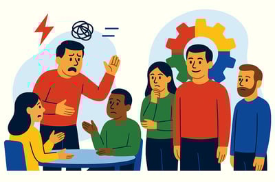 A split-scene illustration showing a leader reacting emotionally under stress on the left, contrasted with the same leader calmly observing team behavior on the right. Behind the calm leader is a large four-color MyHardWired gear in the strict red, yellow, green, and blue quadrant order.
